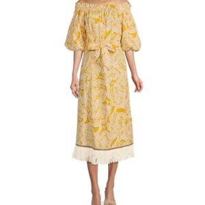 ANTONIO MELANI-Nat Note Raney Off The Shoulder Printed Linen Yellow Fringe Dress